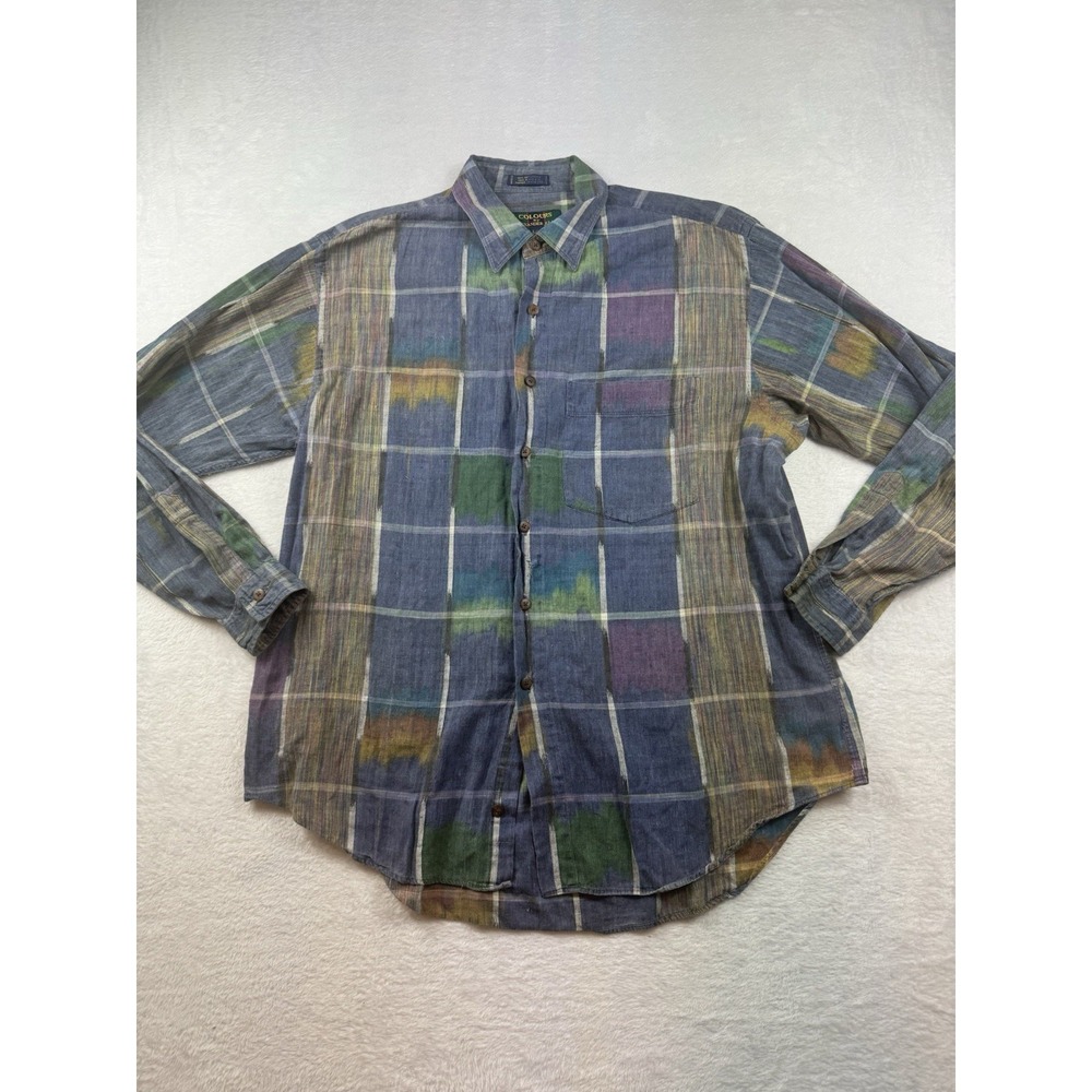 VTG Colours, Alexander Julian Plaid Button Up Shirt Coarse Cotton LS 80s Sz L